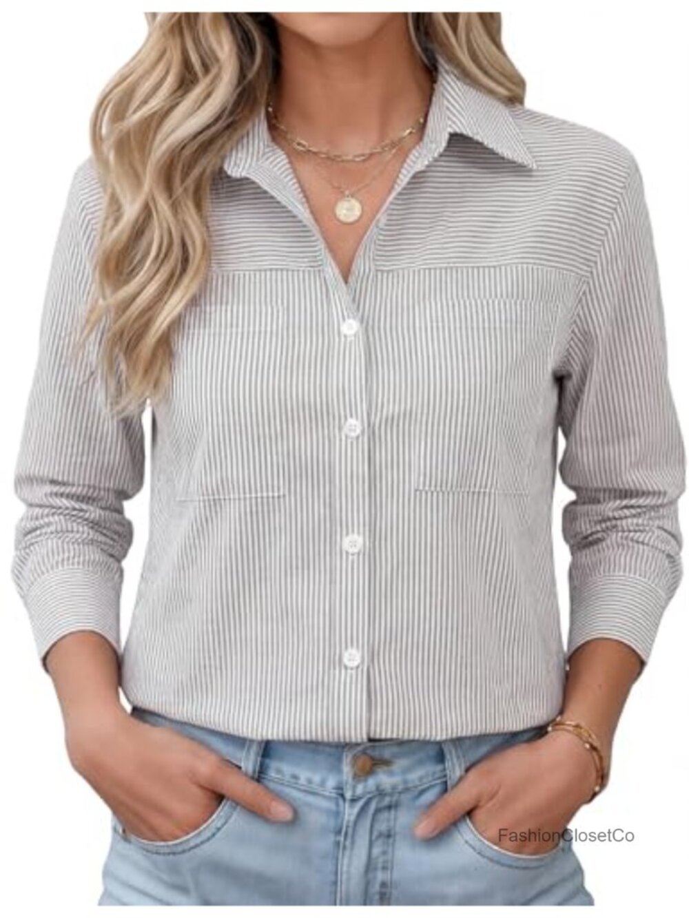 Women Long Sleeve Button Down Shirt Casual Striped Plaid Relaxed Fit Cotton